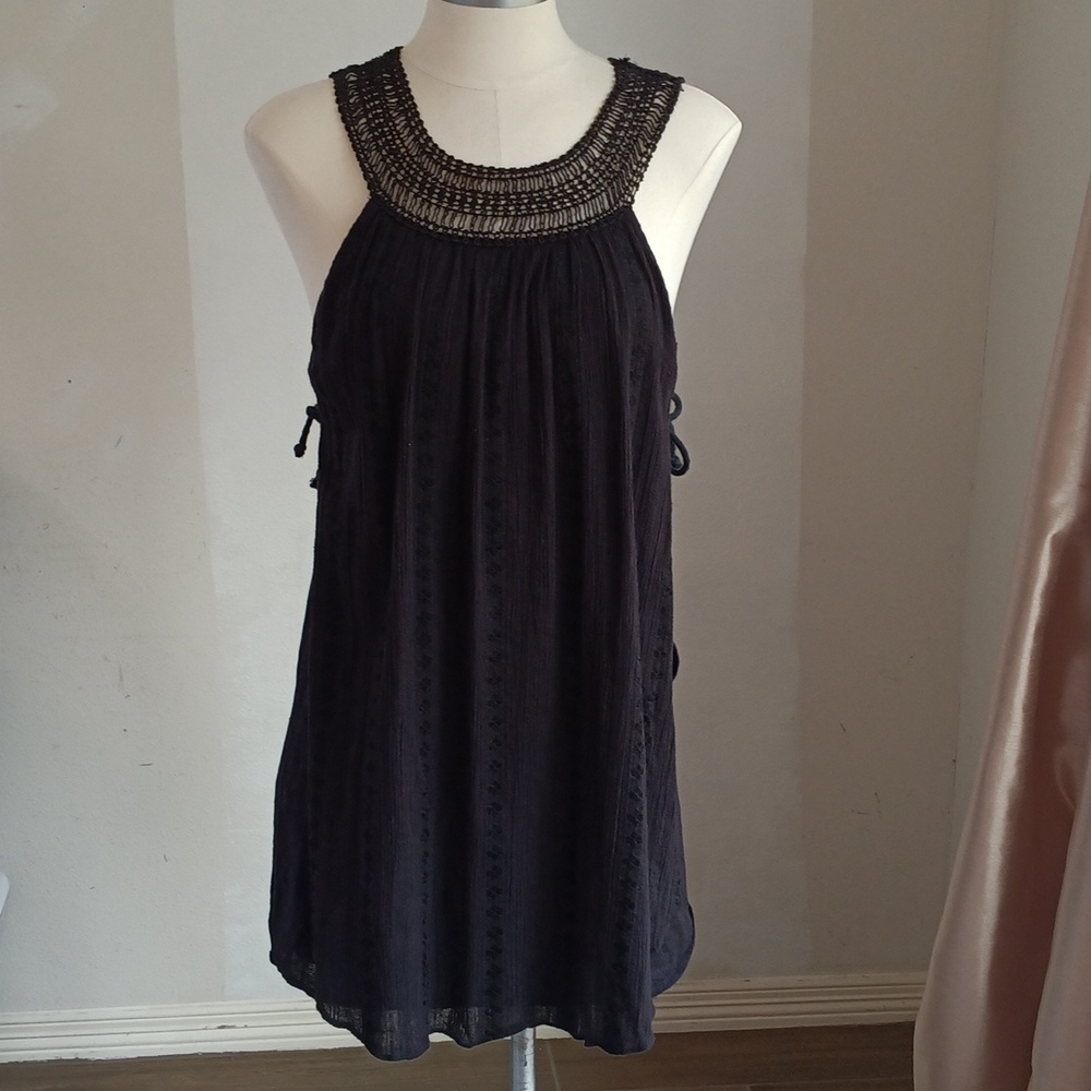Free People Women's Black Crochet Lace Round Neck Side Tie Mini Dress Size XS